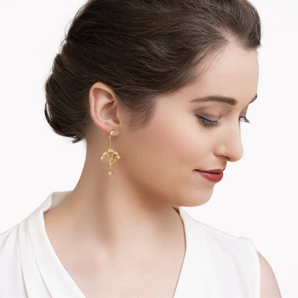 Fan Earrings - Gold with Clear Crystal - Shen Yun Shop